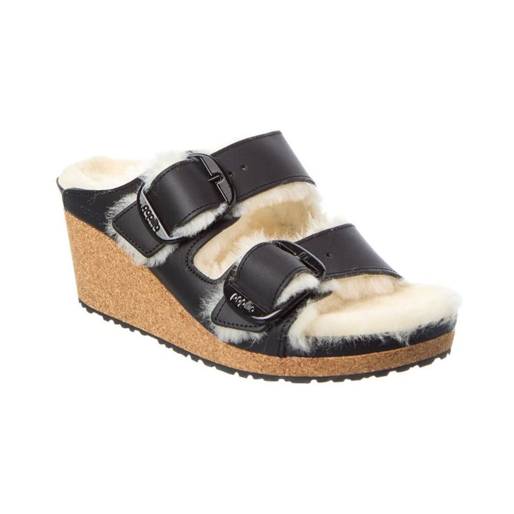 Papillio By Birkenstock Nora Big Buckle Narrow Leather & Shearling Sandal, Black